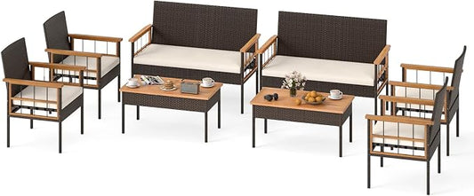 HAPPYGRILL Patio Furniture Set Outdoor Rattan Wicker Conversation Set with Acacia Wood Coffee Table, Chairs, Loveseat & Cushions, for Porch, Garden, Backyard, Poolside (8 Pieces)