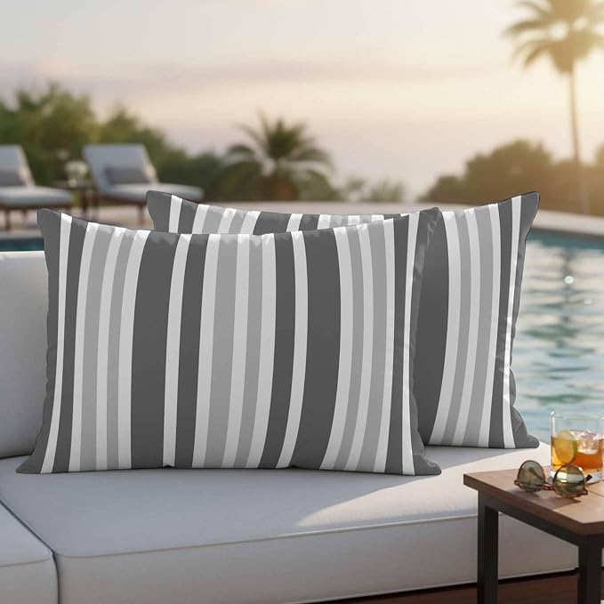 Grey Stripe Outdoor Pillow Covers 20x12 Inch Lumbar Pillow Covers Set of 2 Waterproof Decorative Throw Pillow Cases Farmhouse Minimalist Striped Cushion Covers for Patio Furniture Garden Couch Sofa