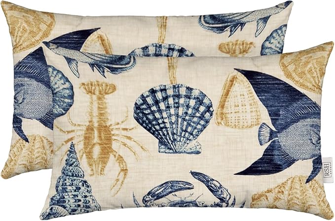 RSH DECOR: Lumbar Throw Pillows Set of 2 | 20" x 12" | All-Weather Spun Fabric | Water and Fade-Resistant | Outdoor Support Pillows for Patio Furniture | Blue Tan Crab
