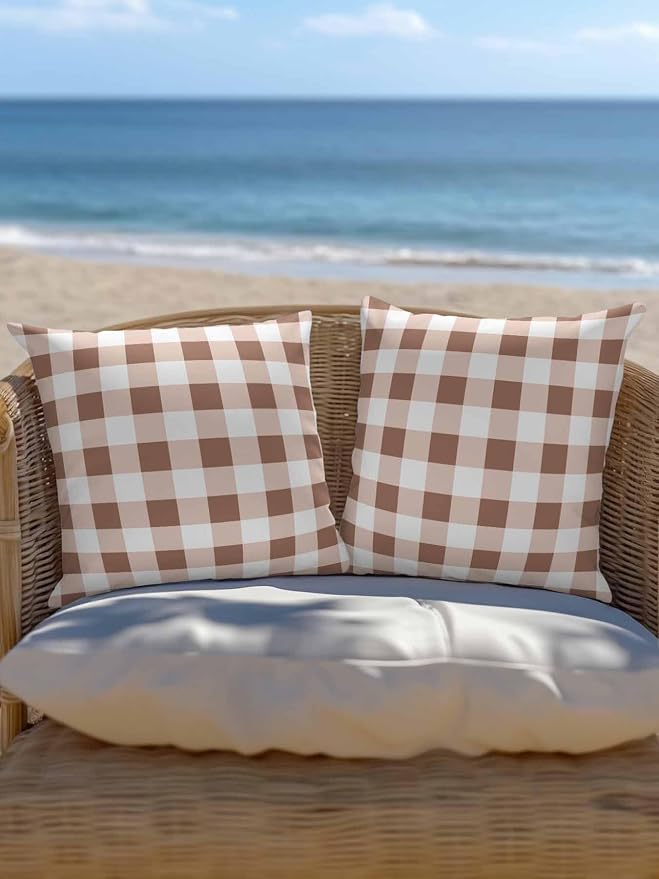Waterproof Outdoor Pillow 1 Pack Brown Buffalo Plaid Decorative Throw Pillows Cover & Insert 18x18 Inch Pillowcase Check Lines Square Pillows for Couch Sofa Bed Patio Furniture Indoor Outdoor