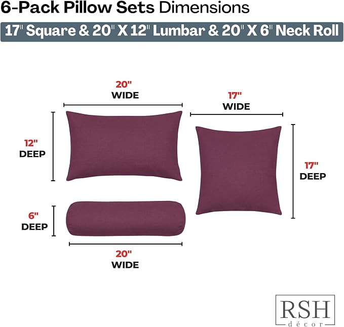 RSH DECOR: 6-Pack Pillow Set | Sunbrella Performance Fabric |Water & Fade-Resistant| 17" Square, 20"x12" Lumbar, 20"x6" Neck Roll | Outdoor Pillows for Patio Furniture | Made in USA (Canvas Iris)