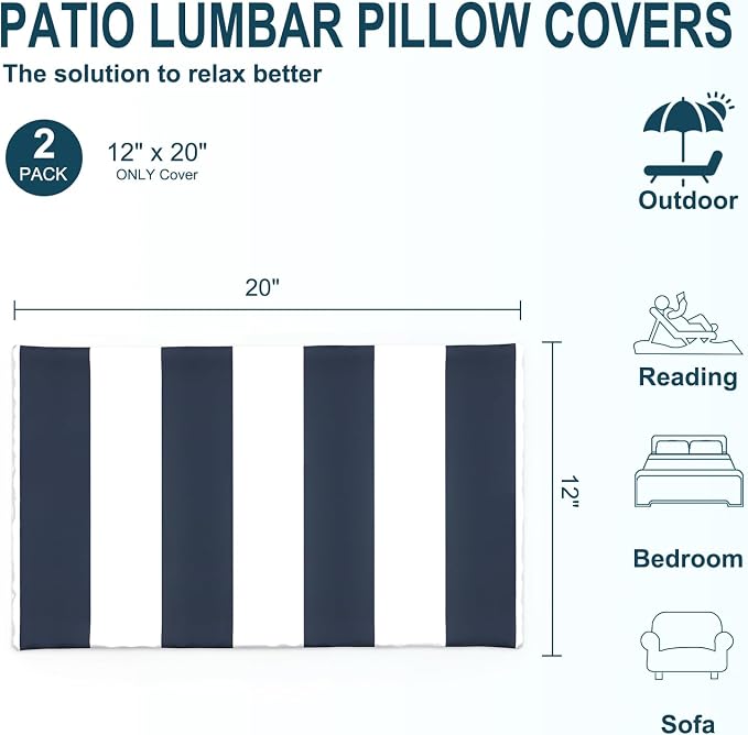 DYTXIII Pack of 2 Outdoor Waterproof Lumbar Pillow Covers ONLY, 12x20 Rectangle Decorative Double Printed Pillow Cases for Patio Couch Porch Furniture - Cabana Navy