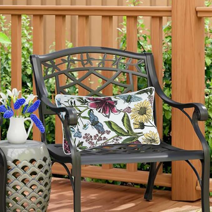 Water Resistant Outdoor Lumbar Pillows for Patio Furniture,12x20 Inch Decorative Pillows Set of 2 with Insert,Hidden Zipper Headrests for Sofa Couch Chair(Butterfly Flower)