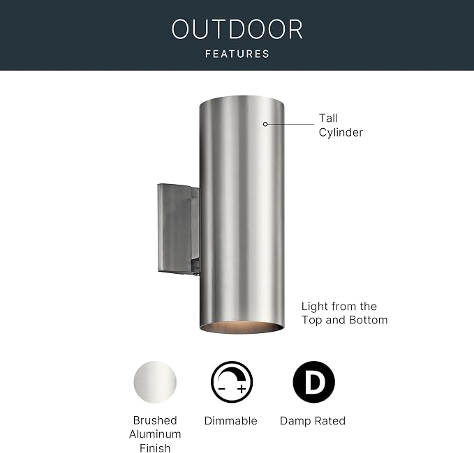Kichler Cylinders 12" 2-Light Cylinder Outdoor Wall Sconce in Brushed Aluminum, (12" H x 4.75" W), 9244BA