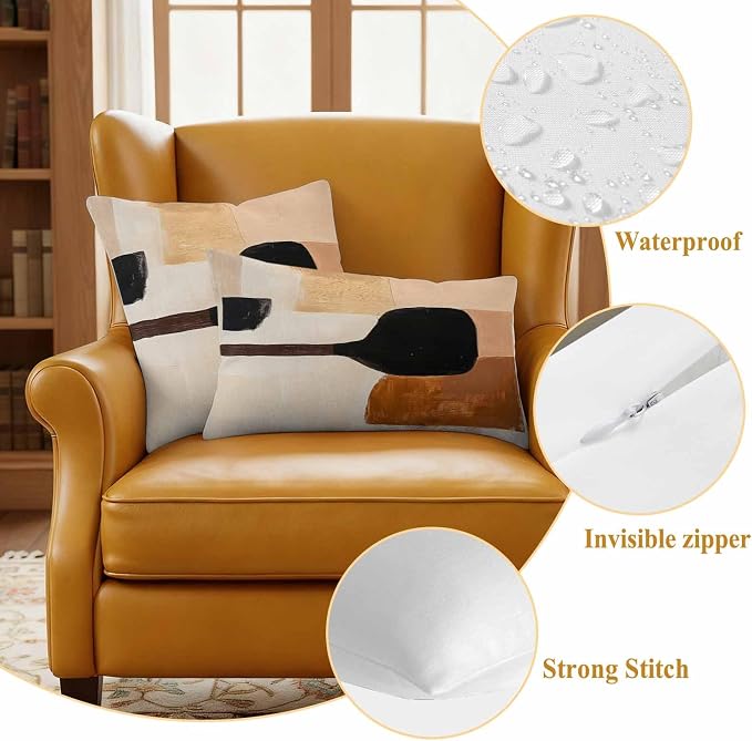 Beige Black Outdoor Waterproof Throw Pillow Covers Set of 2, 18"x18", Brown Abstract Art Graffiti Color Block Modern Decorative Pillow Covers Outside Cushion Case for Patio Porch Garden