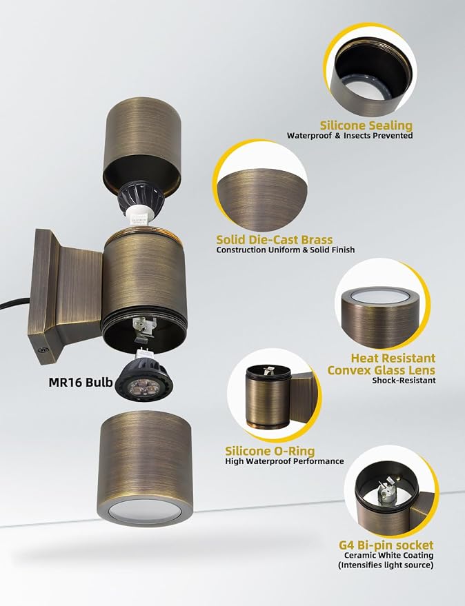 COLOER Brass Outdoor Cylinder Wall Lights(Bronze 6.875" H x 4.25" W) 4 Pack with LED MR16, 12V Low Voltage Porch Light in 2 Lights, 2700K Up Down Lights, Outside Light for House Porch Patio Door