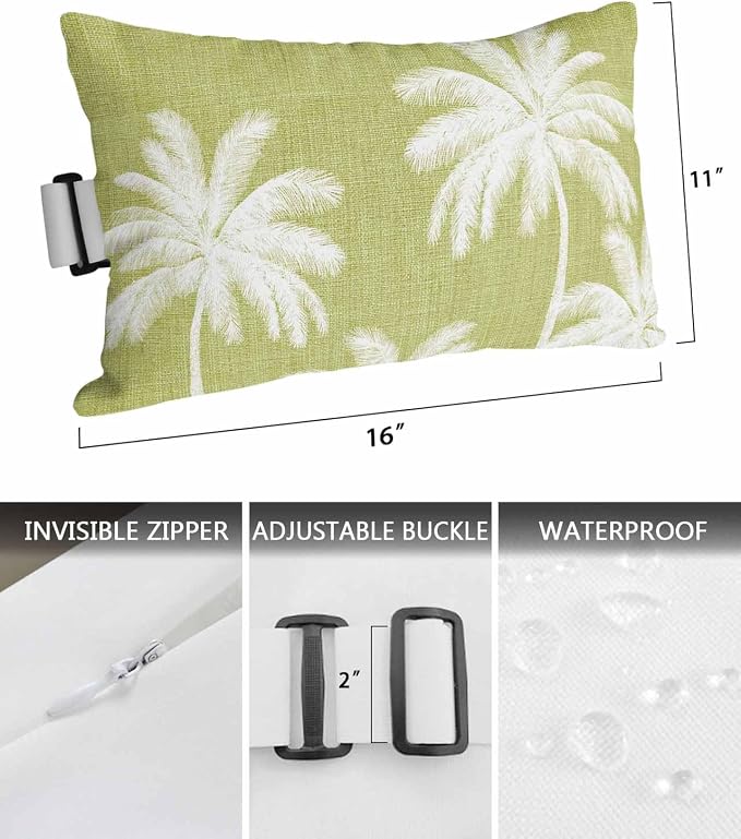 Pack of 2 Outdoor Lumbar Pillow Covers 11x16 Inch, Yellow Palm Trees Waterproof Throw Pillow Covers Set, Farmhouse Tropical Summer Beach Indoor&Outdoor Decorative Cushion Cases for Patio Porch Car