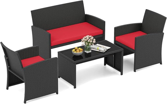 HAPPYGRILL 4 Piece Rattan Wicker Patio Conversation Set, Outdoor Furniture with Chair Loveseat Table & Cushion, for Backyard Porch Balcony (1, Black & Red)