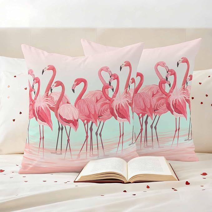 Outdoor Pillow Covers,Flamingo Bird on Gradient Background Decorative Throw Pillow Cover Waterproof Pillowcase Set of 2,Linen Cushion Case for Sofa Couch Bed 24x24 Inch,Tropical Pink Animals