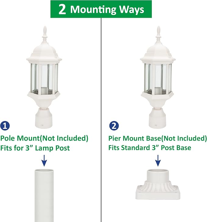 Outdoor Post Light, Rustproof Aluminum Pole Lamp, White | Exterior Lamp Post Light Fixture for Garden, Yard, Pathway, Waterproof, Glass, E26 Base, Max 60W, 2 Pack