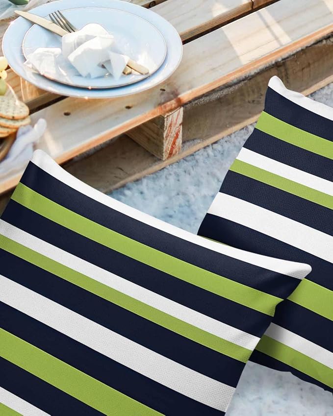 Pack of 2 Blue Green White Stripes Outdoor Pillow Waterproof Covers 20x20 inch, Classic Geometric Polyester Throw Pillow Covers Garden Cushion Decorative Case for Patio Couch Decoration