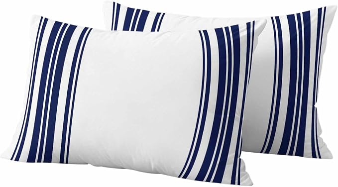 Outdoor Waterproof Throw Pillow Covers Set of 2 Navy Blue Stripes Lumbar Pillowcases 20x12 Inches White Vertical Striped Decorative Pillows Cushion Case Patio Pillows for Couch Bed Chair Garden