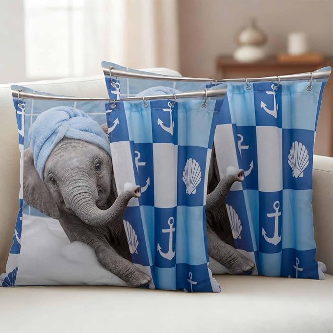 Bathing Elephant Waterproof Outdoor Pillow Covers Set of 2 Home Decor, Funny Animal Showering Lumbar Pillowcase Patio Pillow Covers for Couch Bench Patio Furniture Garden 20x20in