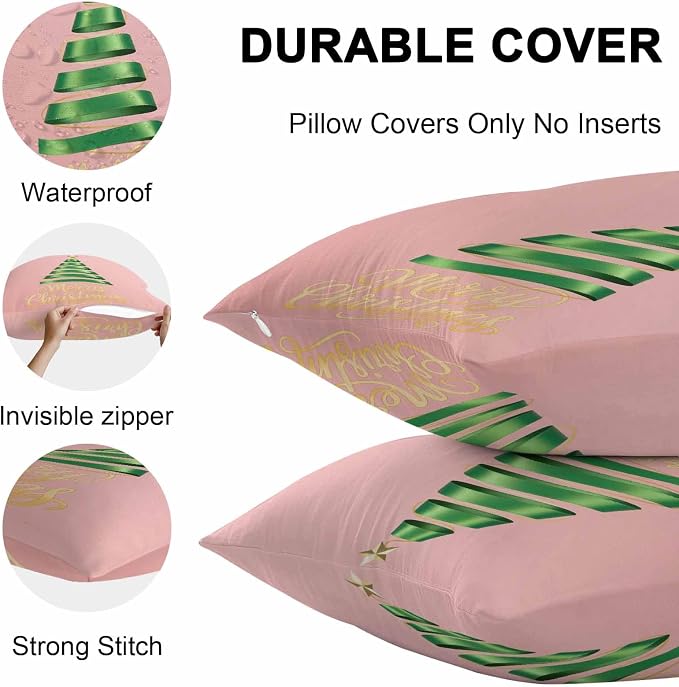 Pink Christmas Tree Outdoor Pillow Covers 20 x 20 Inches, Green Xmas Tree with Star Waterproof Throw Pillow Cover Set of 2, Christmas Pink Decorative Square Cushion Covers for Patio/Couch