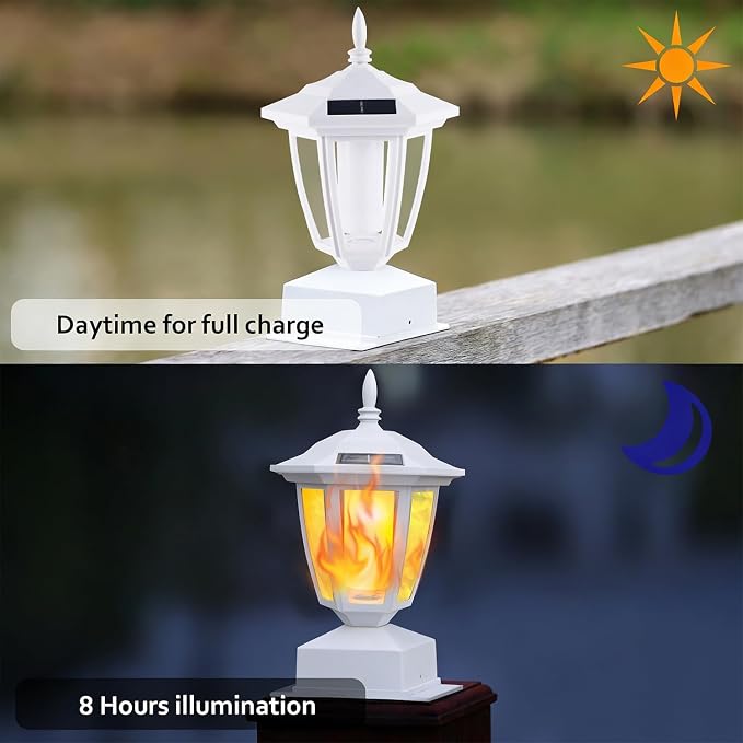 Dynaming 6 Pack Solar Flame Post Lights Outdoor, Solar Powered Lamps Fence Post Cap Lights, Flickering Flame LED Lantern Waterproof for Garden Deck Patio, Fit 4x4, 5x5 6x6 Wooden Posts, White Shell