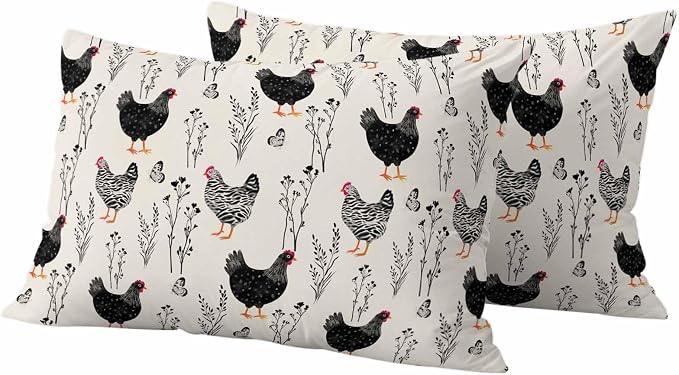Beige Farm Chicken Outdoor Pillow Covers 20"x12" Set of 2, Country Farmhouse Black White Rooster Flower Leaf Waterproof Throw Pillow Covers for Patio Furniture, Decorative Cushion Covers for Porch