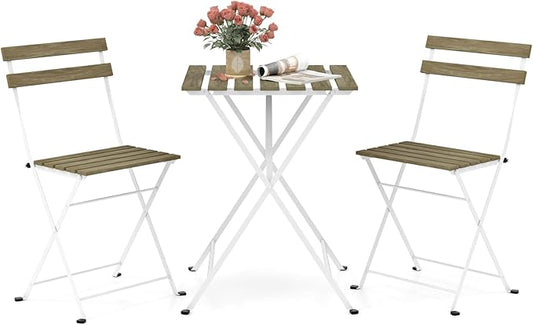 Giantex 3-Piece Acacia Wood Bistro Set, Patio Bistro Table with 2 Folding Chairs, Slatted Seat & Tabletop, Metal Frame, Outdoor Furniture Set for Backyard, Porch, Garden, Poolside (White + Gray)