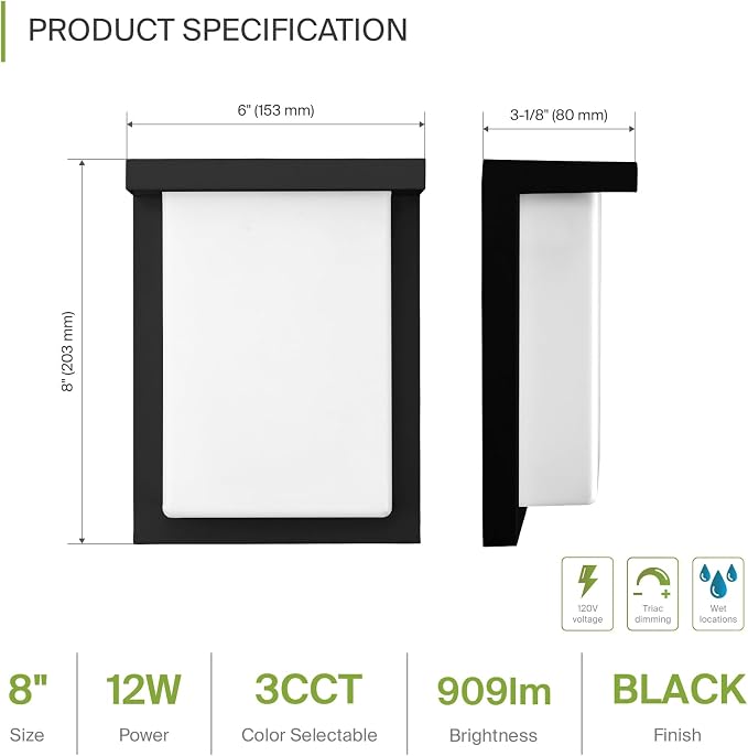 ASD LED 8" Outdoor Wall Light, Front Door House Sconce | 3CCT, Dimmable, Waterproof, ETL Listed | 12W 900LM 3000-5000K 120V | Exterior Patio Lighting Fixture, Flush Mount Porch Lamp | Black