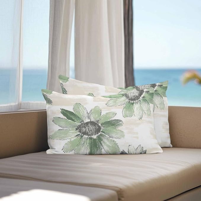 Vandarllin Outdoor Throw Pillows Covers 20x12 inch Set of 2 Waterproof Green Sunflower Decorative Zippered Cushion Covers for Patio Furniture, Floral Field Lumbar Pillowcases