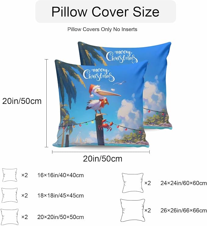 Vandarllin Christmas Outdoor Throw Pillows Covers 24x24 inch Set of 2 Waterproof Pelican Crab Decorative Zippered Cushion Covers for Patio Furniture, Palm Trees Beach Blue Sky Lumbar Pillowcases