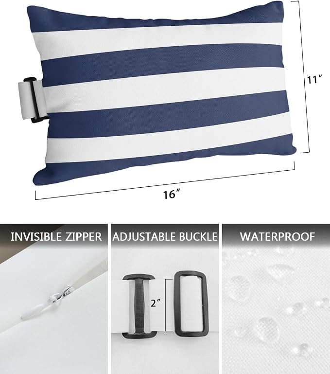 Navy and White Striped Outdoor Pillows with Insert Waterproof Classic Navy Blue White Patio Pillows with Adjustable Strap Rectangle Head Recliner Lounger Chair Throw for Patio Furnitures, 1 Pack