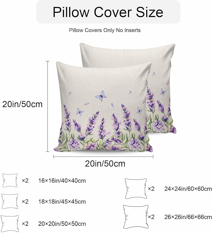 Vandarllin Outdoor Throw Pillows Covers 26x26 inch Set of 2 Waterproof Purple Lavender Flower Decorative Zippered Cushion Covers for Patio Furniture, Butterfly Floral Linen Lumbar Pillowcases