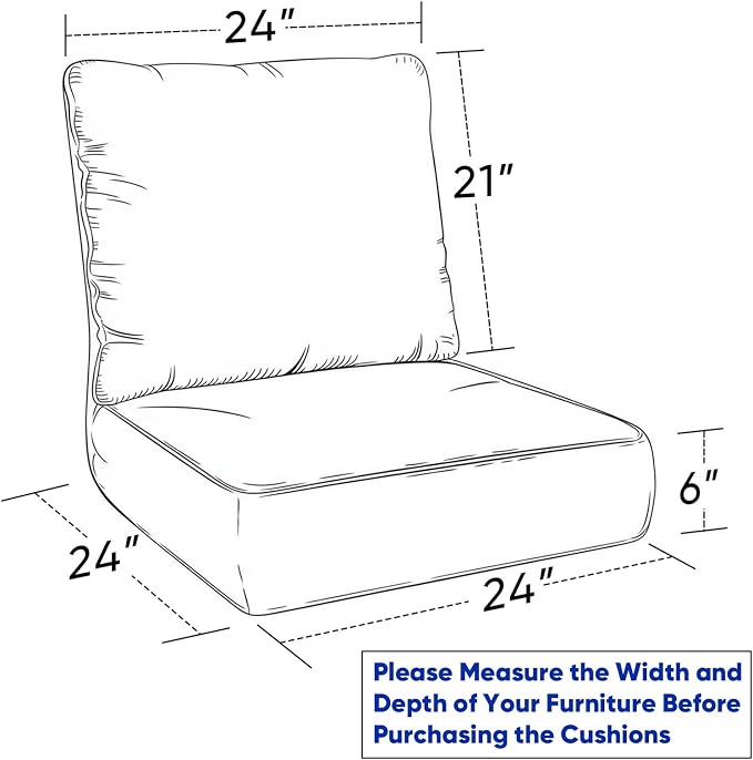 Luxury 24*24*6in Outdoor Patio Cushions, 5 Pieces Grey Outdoor Cushion | 6in Outdoor Patio Cushions, Water-Resistant, Reversible, Removable Cover, for Patio Chairs Sofa Couch Loveseat