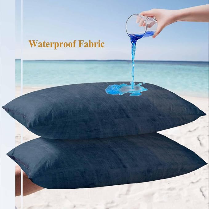 Vandarllin Outdoor Throw Pillows Covers 20x12 inch Set of 2 Waterproof Navy Blue Linen Decorative Zippered Cushion Covers for Patio Furniture, Solid Color Texture Lumbar Pillowcases