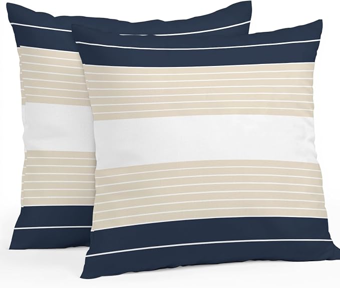 Navy Blue Beige Stripe Outdoor Pillow Covers Waterproof, All Weather Cushion Case Set of 2, Modern Art Horizontal Striped Decorative Pillowcases for Sofa Couch Bed Decor Patio Furniture 18"x18"