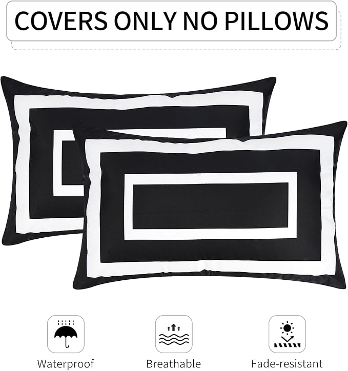 Pyonic Outdoor Waterproof Throw Pillow Covers 12 X 20 Inches Black and White Geometric Modern Pillow Covers for Patio Garden Porch Set of 2