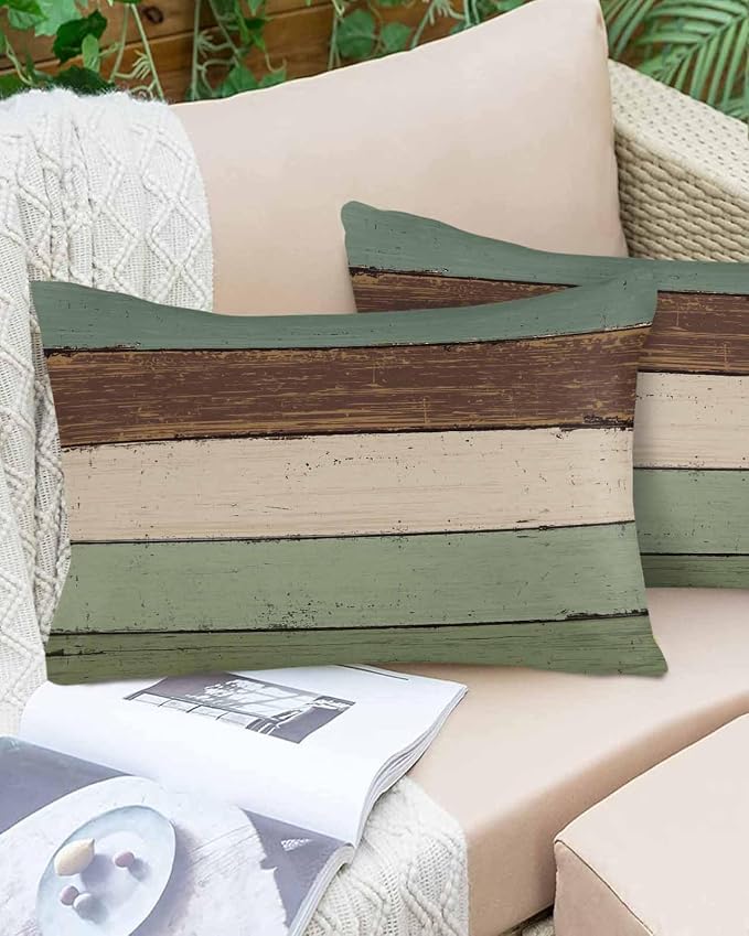 Vandarllin Outdoor Throw Pillow Covers 12X20 Set of 2 Waterproof Sage Green Brown Decorative Zippered Cushion Covers for Patio Furniture, Farmhouse Retro Rustic Barn Wood Texture Lumbar Pillowcases