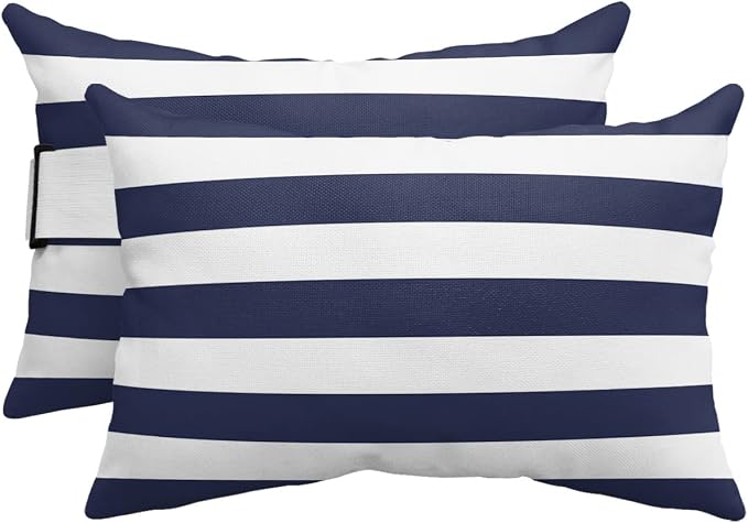 Recliner Head Pillow Lounge Chair Pillows with Insert Navy Blue White Stripe Lumbar Pillow with Adjustable Strap Outdoor Waterproof Patio Pillows for Couch Beach Pool Office Chair, 2PCS, 12x20in