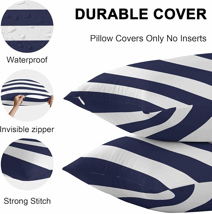 Outdoor Waterproof Throw Pillow Covers Set of 2 Navy Blue Stripe Pillowcases 16x16 Inches Simple Style White Striped Decorative Pillows Cushion Case Patio Pillows for Couch Bed Chair Garden
