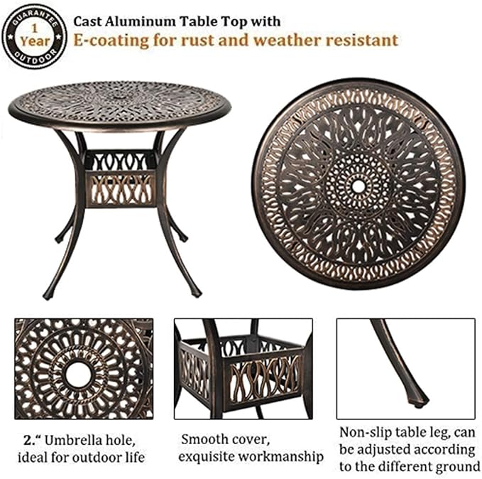 Grepatio 35.4" Patio Dining Table, Cast Aluminum Bistro Table with Umbrella Hole Outdoor Round Conversation Table, Antique Bronze