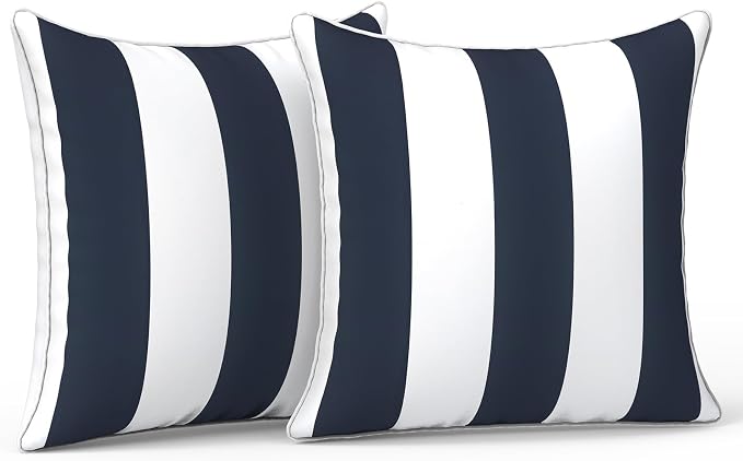 LVTXIII Set of 2 Patio Throw Pillows Waterproof 16"x16" Fade Resistant Outdoor Throw Pillows with Inserts, Fluffy Decorative Garden Toss Pillow Cushions for Home Patio Coach Sofa Use, Cabana Navy