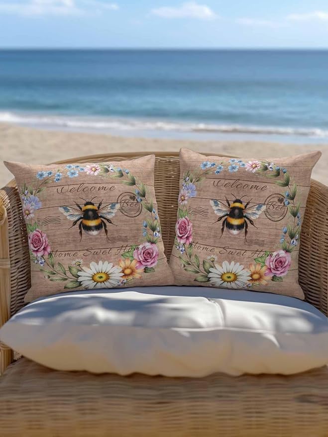 Outdoor Waterproof Throw Pillows Farmhouse Bee Flower Wreath Patio Pillows Pack of 2,Decorative Pillow Covers with Insert,Pillow Cushion Case for Garden Couch Sofa Farm Retro Wood Board
