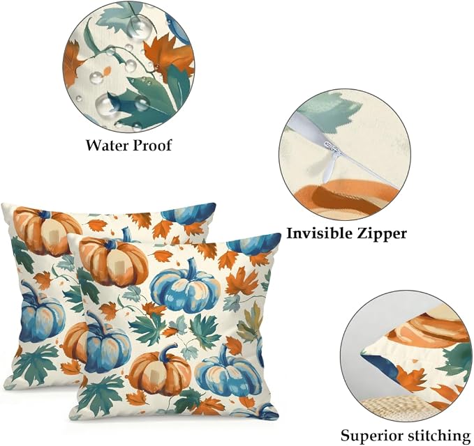 20x20 Inch Outdoor Pillow Covers Set of 2 Waterproof Throw Pillow Covers Decorative Couch Cushion Covers Blue Pumpkin Fall Leaf Square Pillowcases Protectors for Patio Garden Sofa