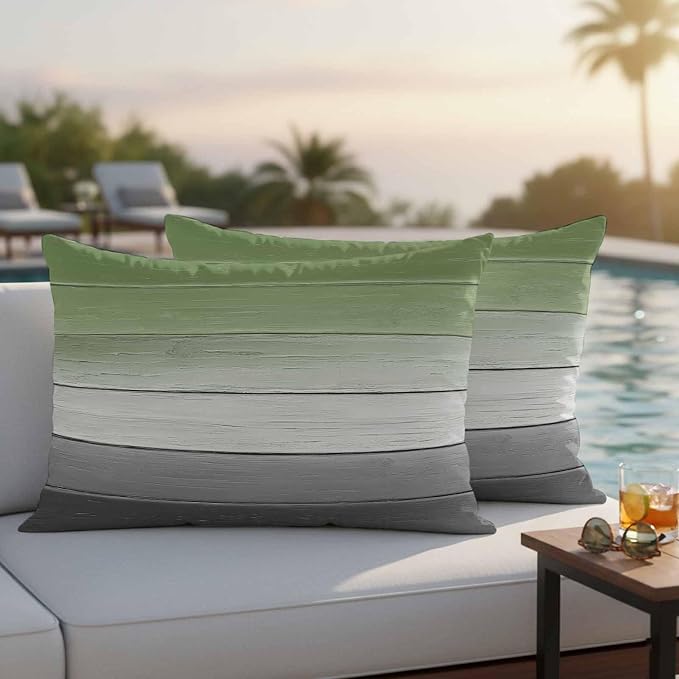 Sage Green Gray Outdoor Pillow Covers 20x12 Inch Lumbar Pillow Covers Set of 2 Waterproof Decorative Throw Pillow Cases Vintage Country Ombre Chic Wooden Grain Cushion Covers for Patio Furniture