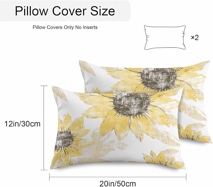 Vandarllin Outdoor Throw Pillows Covers 20x12 inch Set of 2 Waterproof Yellow Sunflower Decorative Zippered Cushion Covers for Patio Furniture, Flower Field Lumbar Pillowcases