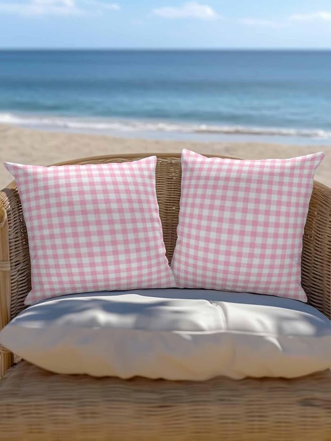 Outdoor Waterproof Throw Pillows Pink Geometric Plaid Patio Pillows Pack of 2,Decorative Pillow Covers with Insert,Pillow Cushion Case for Garden Couch Sofa Rustic Minimalist Checkered