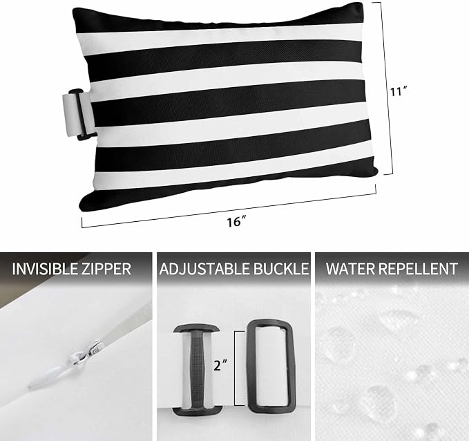 Black Striped Outdoor Pillows for Chaise Lounge Chair Beach Headrest Pillow Set of 2 Waterproof Lumbar Pillows with InsertModern Simple Monochrome Geometric White Pillow for Patio Pool 11"x16"
