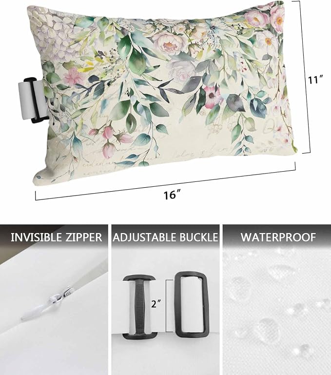 Lumbar Pillow Covers Set of 4, Eucalyptus Leaves Waterproof Outdoor Chaise Lounge Pillow Covers with Elastic Strap, Spring Floral Summer Botanical Vintage Headrest Pillowcase for Patio, 11 x 16