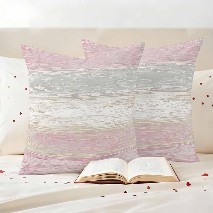 Outdoor Waterproof Throw Pillow Covers, Vintage Pink Grey Decorative Pillow Cases, Farmhouse Barn Wooden Striped Couch Pillow Protector Patio Sofa Cushion Covers Replacement 24"x24" 2 Pack