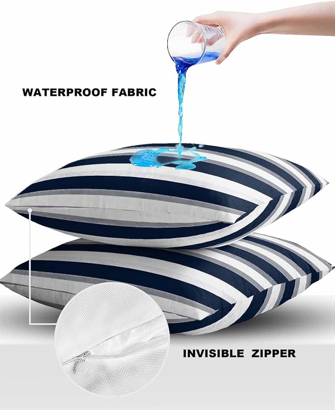 Pack of 2 Blue Grey White Stripes Outdoor Pillow Waterproof Covers 20x20 inch, Classic Geometric Polyester Throw Pillow Covers Garden Cushion Decorative Case for Patio Couch Decoration