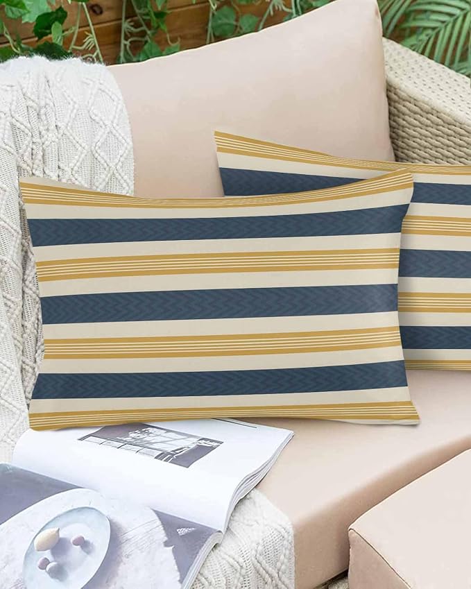Vandarllin Outdoor Throw Pillows Covers 20x12 inch Set of 2 Waterproof Navy Blue Stripes Lines Decorative Zippered Cushion Covers for Patio Furniture, Yellow Classic Striped Lumbar Pillowcases