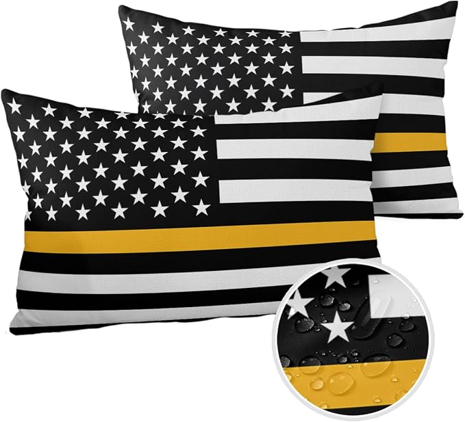Outdoor Waterproof Pillow Covers Set of 2, Thin Gold Line Dispatchers Dispatch Communications Officer American Flag Patio Throw Pillow Covers, Decorative Cushion Case for Sofa Furniture, 20x12 Inch