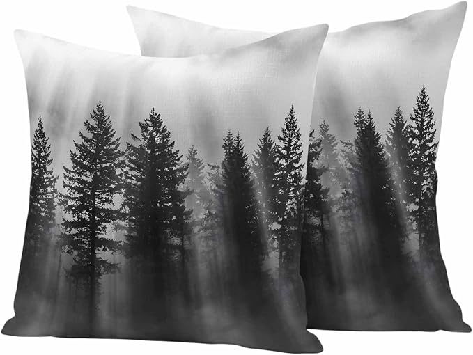 Black Forest Mist Scenery Outdoor Pillow Covers 16"x16" Set of 2, Nature Pine Trees Sunbeams Modern Waterproof Throw Pillow Covers for Patio Furniture, Decorative Cushion Covers for Porch