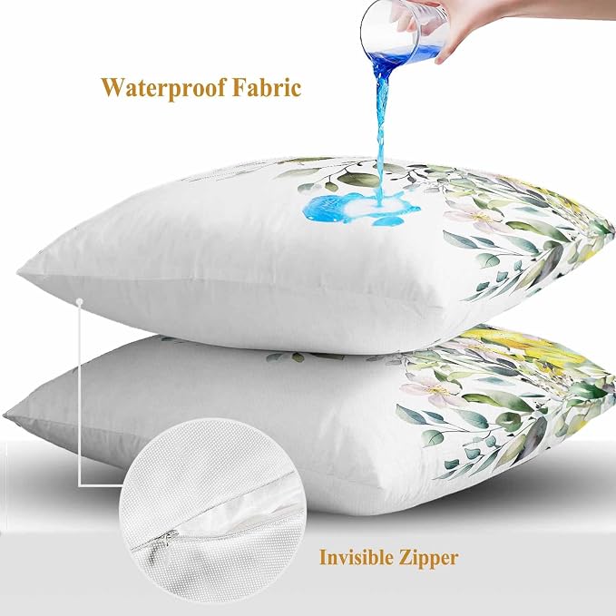 Rustic Floral Plant Outdoor Waterproof Throw Pillow Covers Set of 2, 18"x18", Green Eucalyptus Leaves Sage Lemon White Decorative Pillow Covers Outside Cushion Case for Patio Porch Garden
