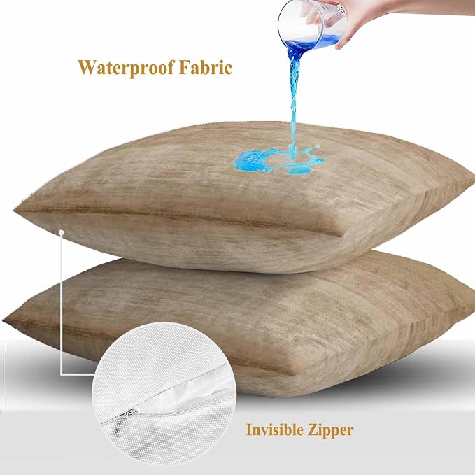Vandarllin Outdoor Throw Pillows Covers 16x16 inch Set of 2 Waterproof Beige Linen Decorative Zippered Cushion Covers for Patio Furniture, Solid Color Texture Lumbar Pillowcases