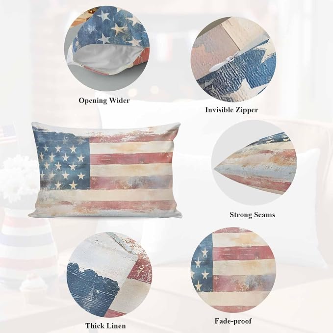 Retro American Flag Outdoor Pillow Covers 20"x12" Set of 2, Independence Day Waterproof Throw Pillow Covers for Patio Furniture, Decorative Cushion Covers for Porch